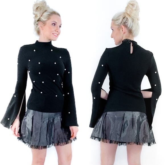 Classy Black Shirt with Pearls and Split Sleeve - Picture 3 of 8